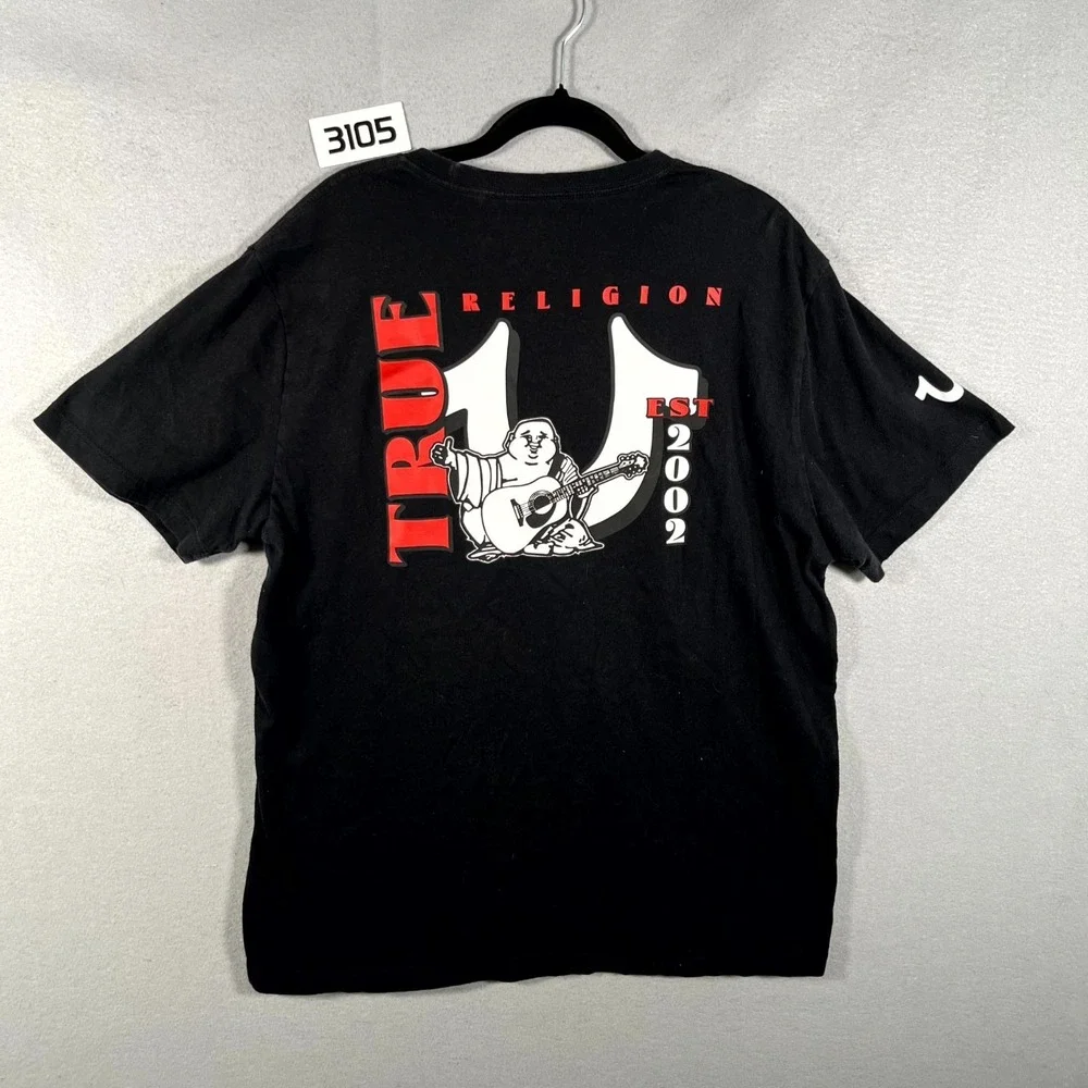 True Religion T Shirt Mens XL Black Logo Buddha Cotton Short Sleeve Pullover